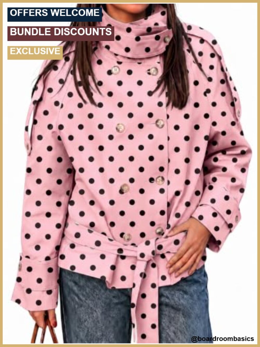 Women's Double Breasted Polka Dot Trench Coat Short Belted Jacket